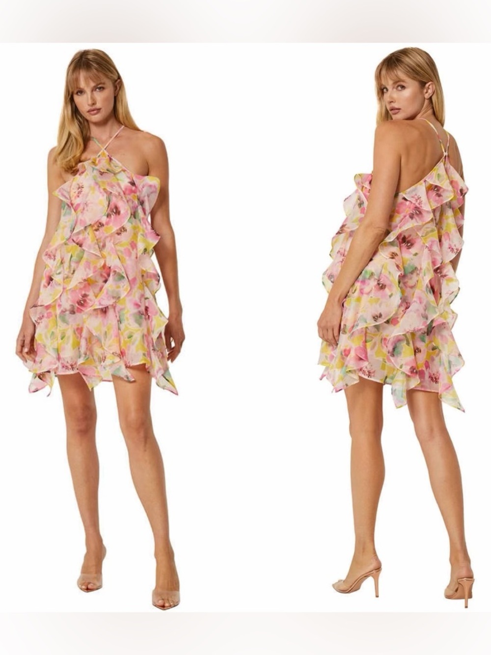 Misa Los Angeles Miah Floral Chiffon Frilled Halter Mini Dress, Size S